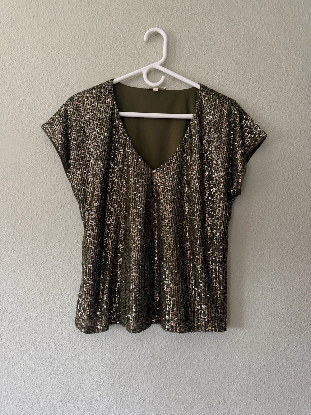 Sequin V-Neck Short Sleeve Top in Olive Green